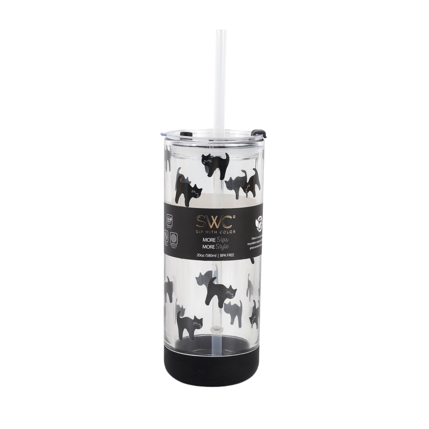 Cook With Color 20 oz Halloween Glass Water Bottle with Lid & Straw Ð Cat Design, Non-Slip Silicone Base