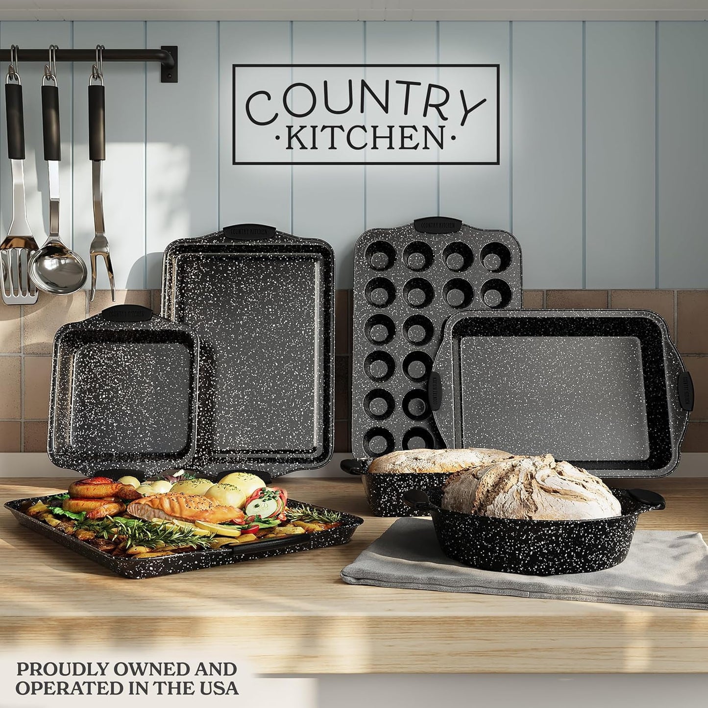 Country Kitchen 10-Piece Nonstick Bakeware Set - Stackable Pots and Pans for Cookware, Black