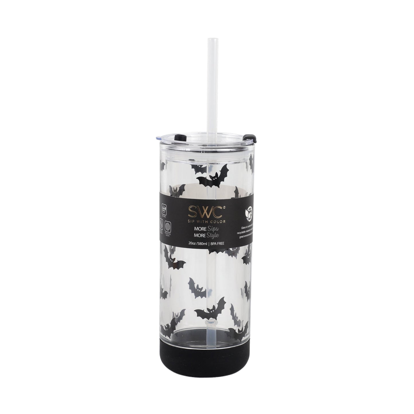 Cook With Color 20 oz Halloween Glass Water Bottle with Lid & Straw Ð Bat Design, Non-Slip Silicone Base