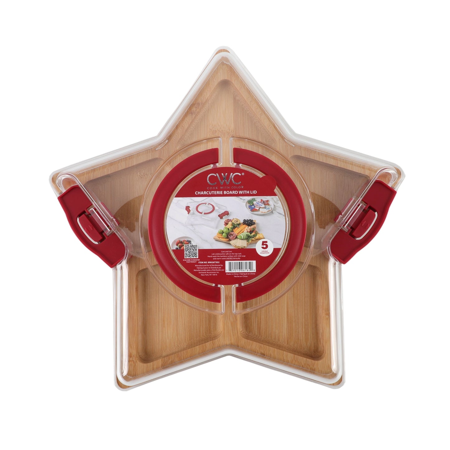 Cook With Color Texas Lone Star Shaped Charcuterie Board with Cover Ð 6 Compartments, Bamboo with Built-In Handle