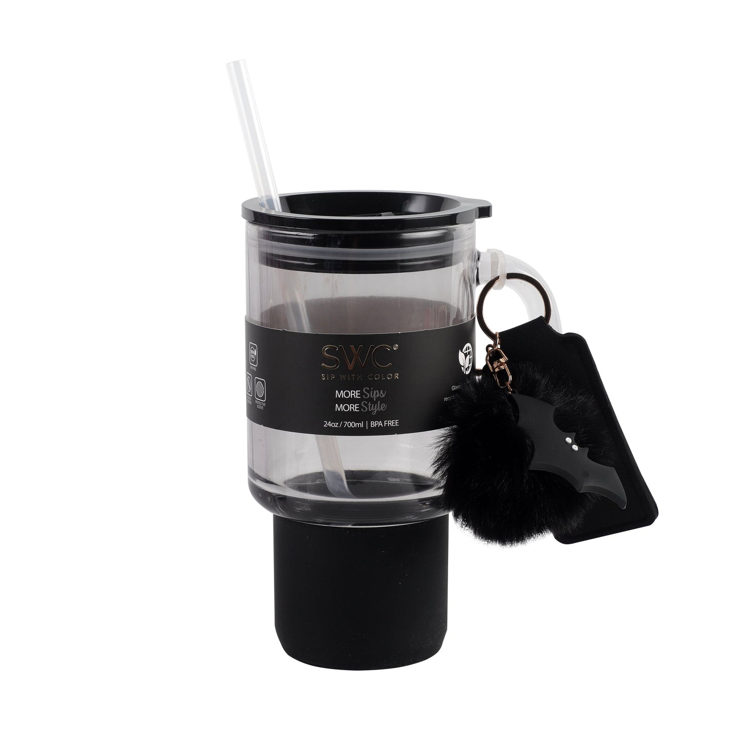 Cook With Color 24 oz Halloween Glass Water Bottle with Lid & Straw Ð Black Bat Design, Non-Slip Silicone Base