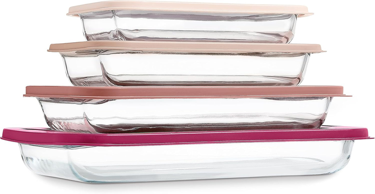 COOK WITH COLOR 8-Piece Deep Glass Baking Dish Set with Plastic Lids – Casserole and Food Storage Containers for Lasagna, Leftovers – Freezer-to-Oven, Microwave & Dishwasher Safe