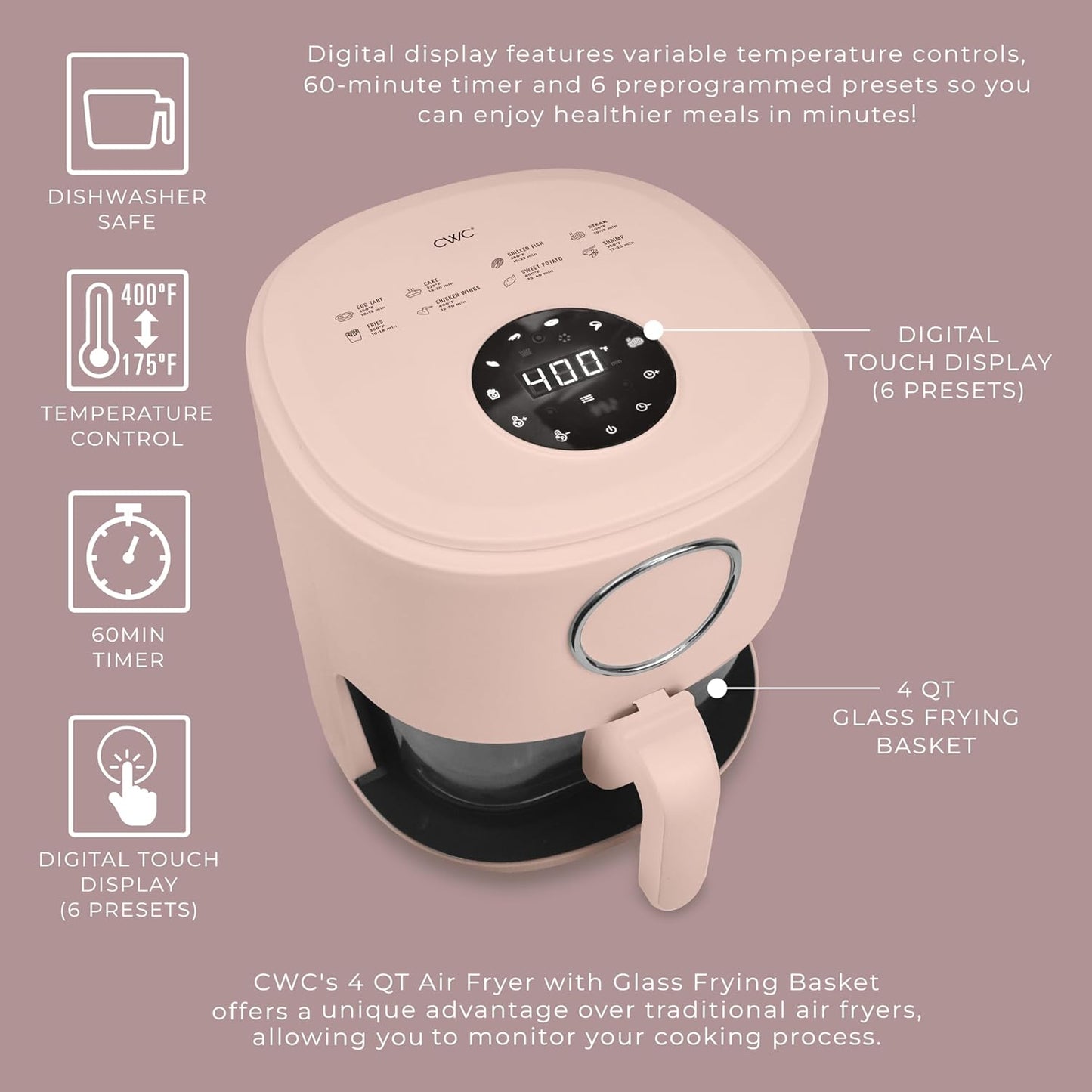 Cook with Color 1200W 4Qt Air Fryer: Stylish Design, Glass Basket, Dishwasher Safe, Digital Display, 6 Presets - Variable Temp 175°F to 400°F & 60-Min Timer