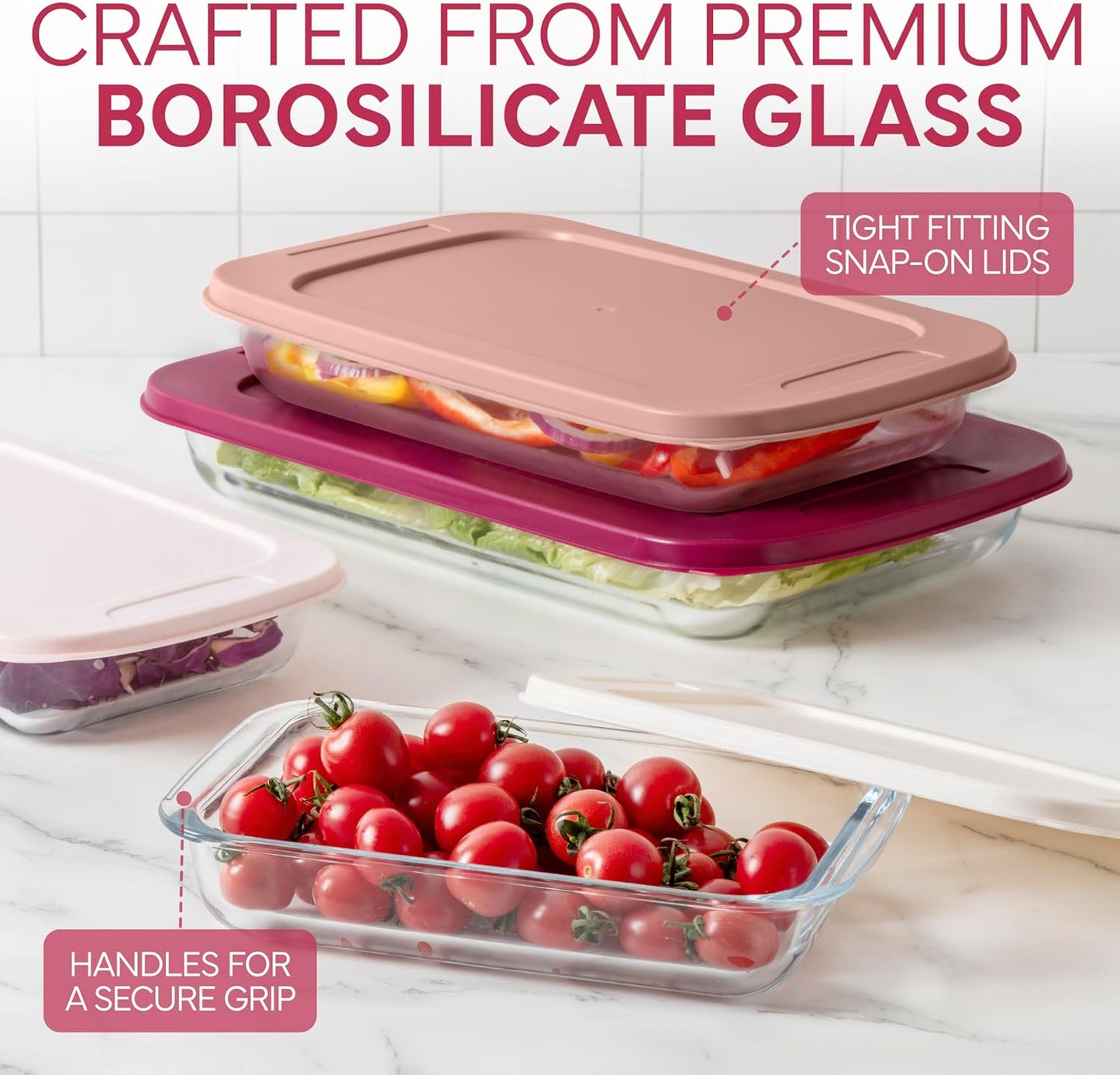 COOK WITH COLOR 8-Piece Deep Glass Baking Dish Set with Plastic Lids – Casserole and Food Storage Containers for Lasagna, Leftovers – Freezer-to-Oven, Microwave & Dishwasher Safe