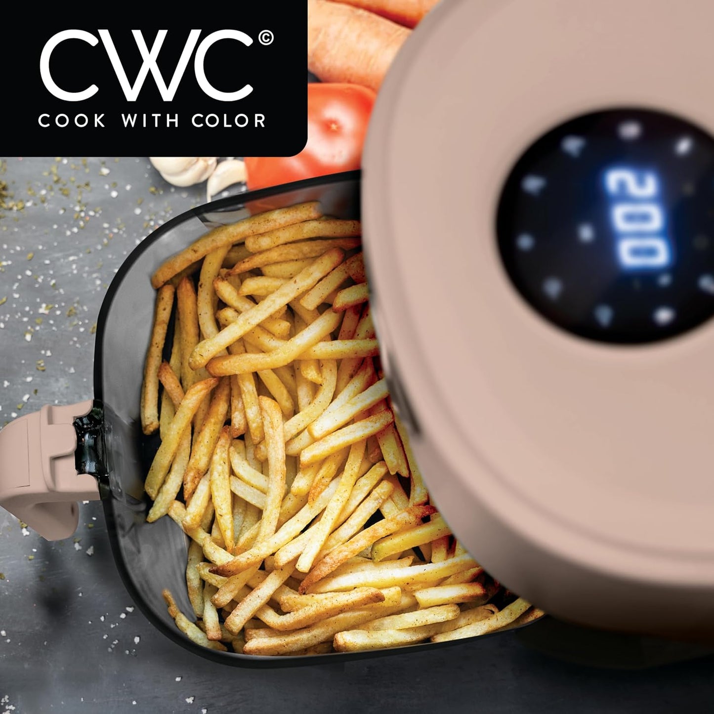 Cook with Color 1200W 4Qt Air Fryer: Stylish Design, Glass Basket, Dishwasher Safe, Digital Display, 6 Presets - Variable Temp 175°F to 400°F & 60-Min Timer