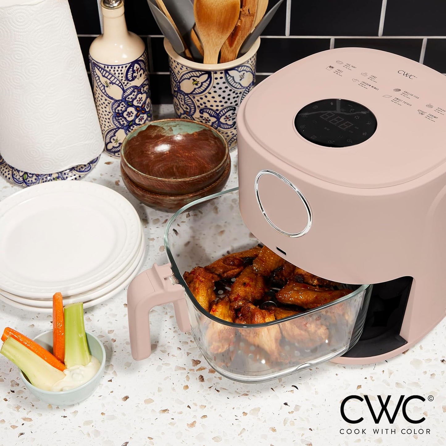 Cook with Color 1200W 4Qt Air Fryer: Stylish Design, Glass Basket, Dishwasher Safe, Digital Display, 6 Presets - Variable Temp 175°F to 400°F & 60-Min Timer