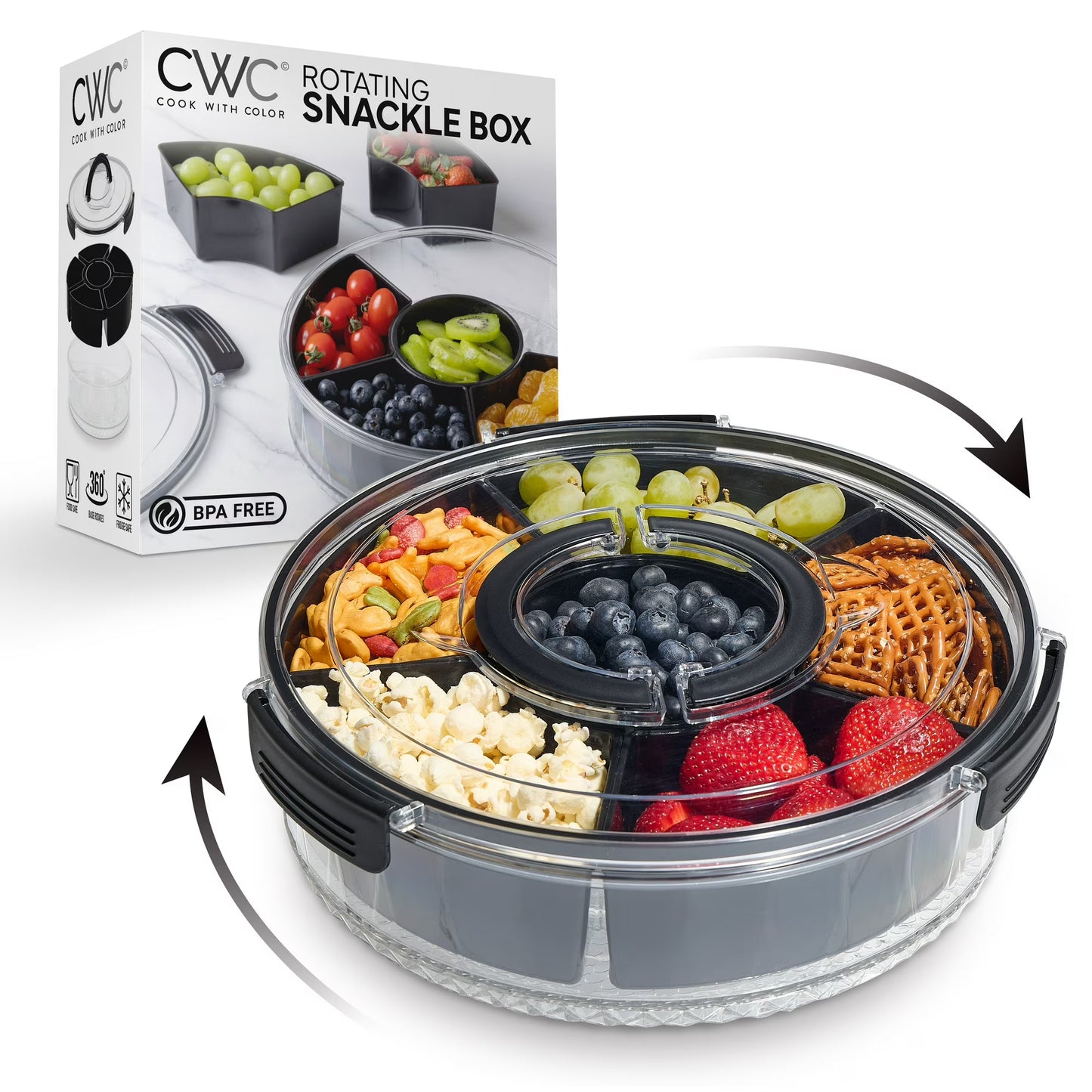 Cook With Color Round Snackle Box – 6-Compartment Serving Tray with Lid and Handle, Black – Kids Lunch Box & Meal Prep Snack Container