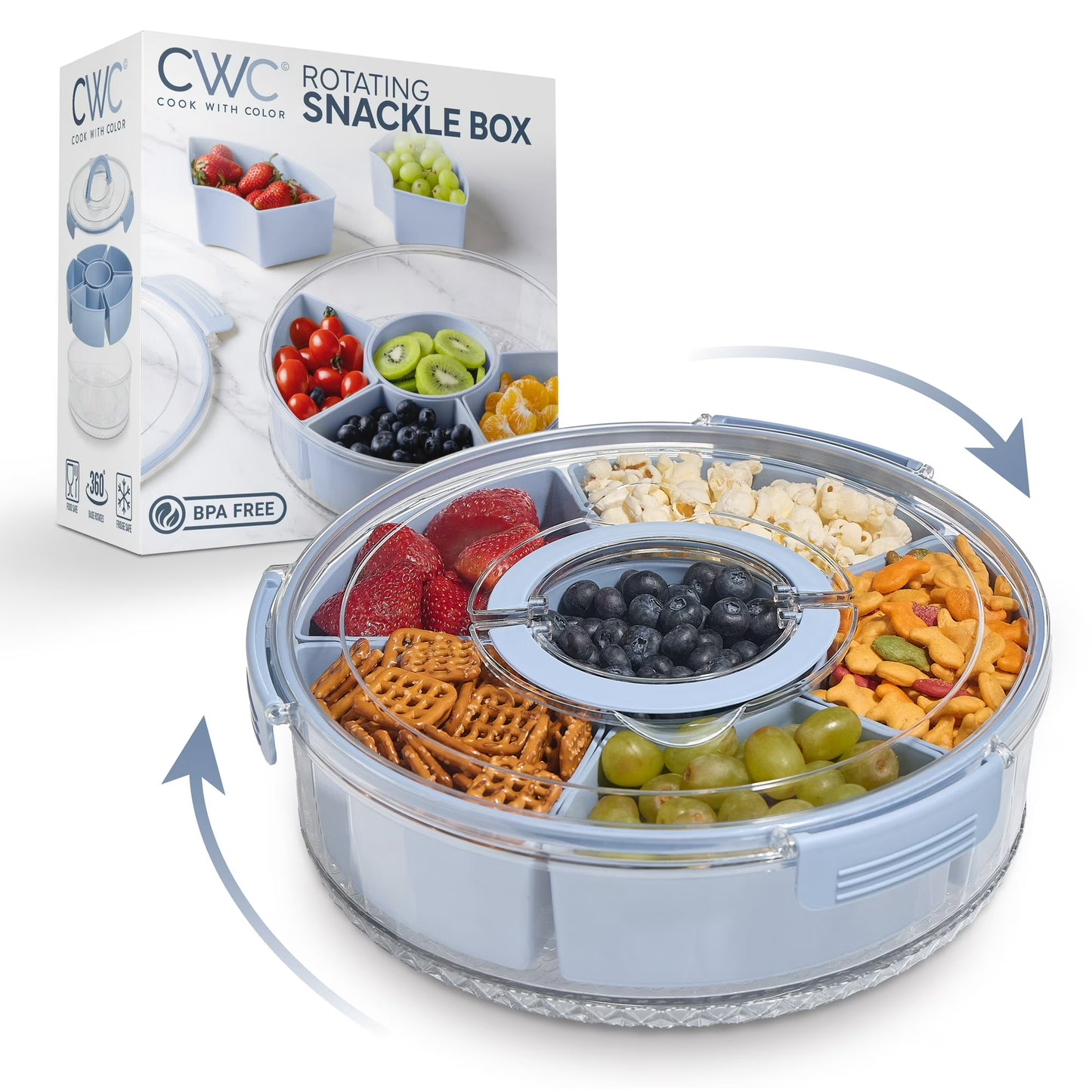 Cook With Color Round Snackle Box – 6-Compartment Serving Tray with Lid and Handle, Black – Kids Lunch Box & Meal Prep Snack Container