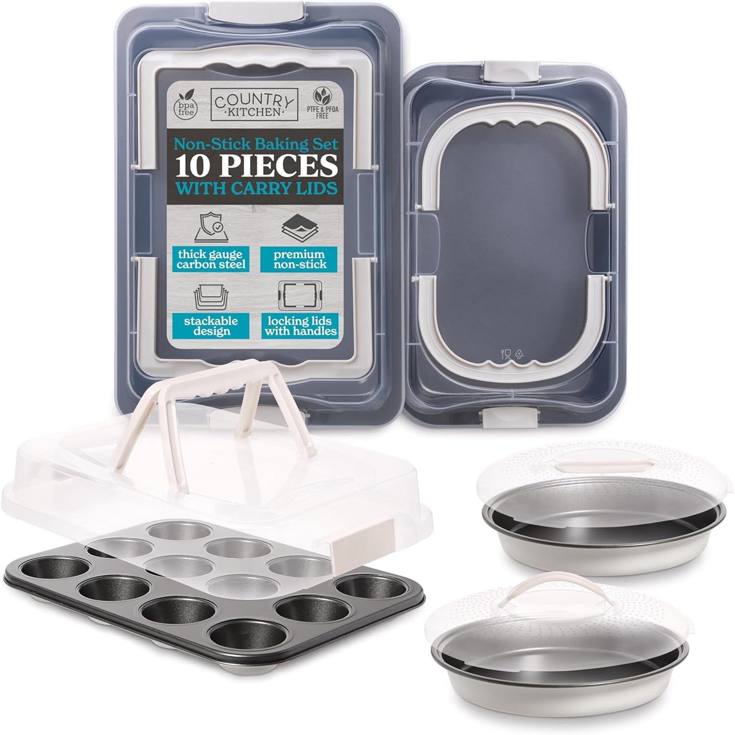 Country Kitchen Baking Pans Set - 10 Piece Non-Stick Cake Pans with Carry Lids for Easy Storage & Travel, Perfect for Parties - Stackable