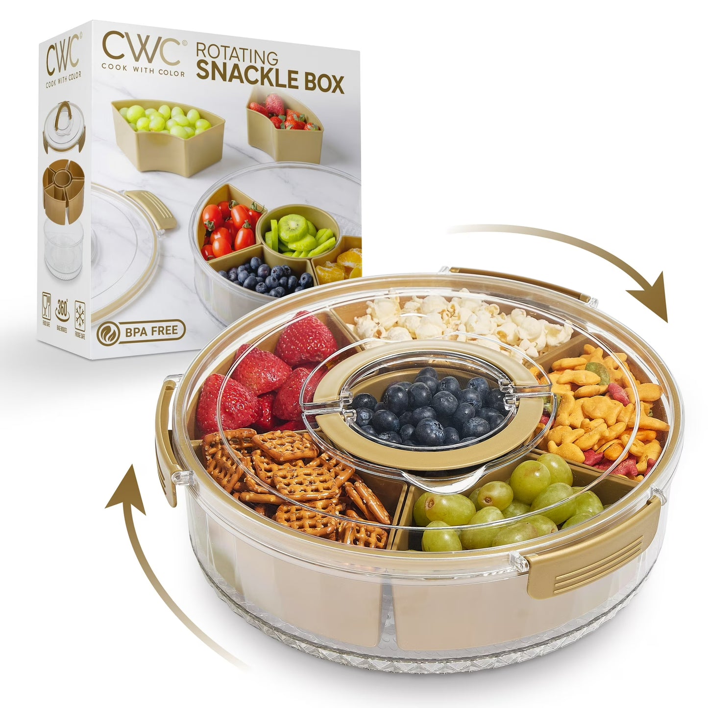 Cook With Color Round Snackle Box – 6-Compartment Serving Tray with Lid and Handle, Black – Kids Lunch Box & Meal Prep Snack Container