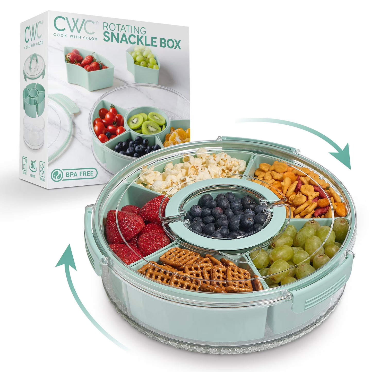 Cook With Color Round Snackle Box – 6-Compartment Serving Tray with Lid and Handle, Black – Kids Lunch Box & Meal Prep Snack Container