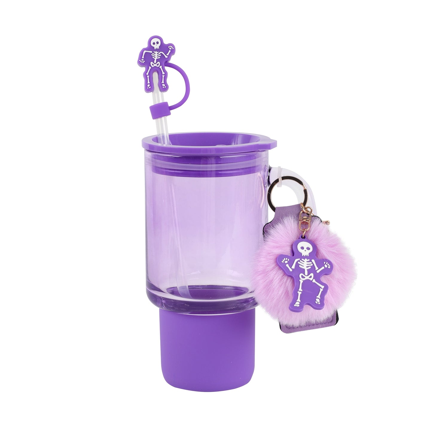Cook With Color 24 oz Halloween Glass Water Bottle with Lid & Straw Ð Purple Skeleton Design, Non-Slip Silicone Base