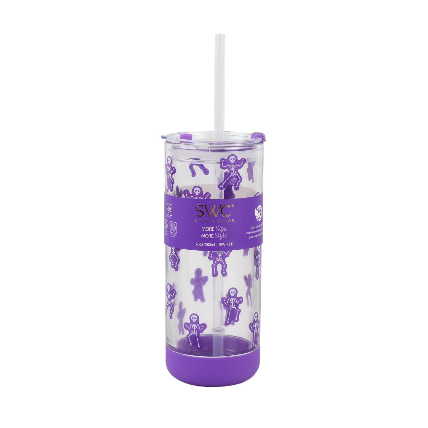 Cook With Color 20 oz Halloween Glass Water Bottle with Lid & Straw Ð Purple Skeleton Design, Non-Slip Silicone Base