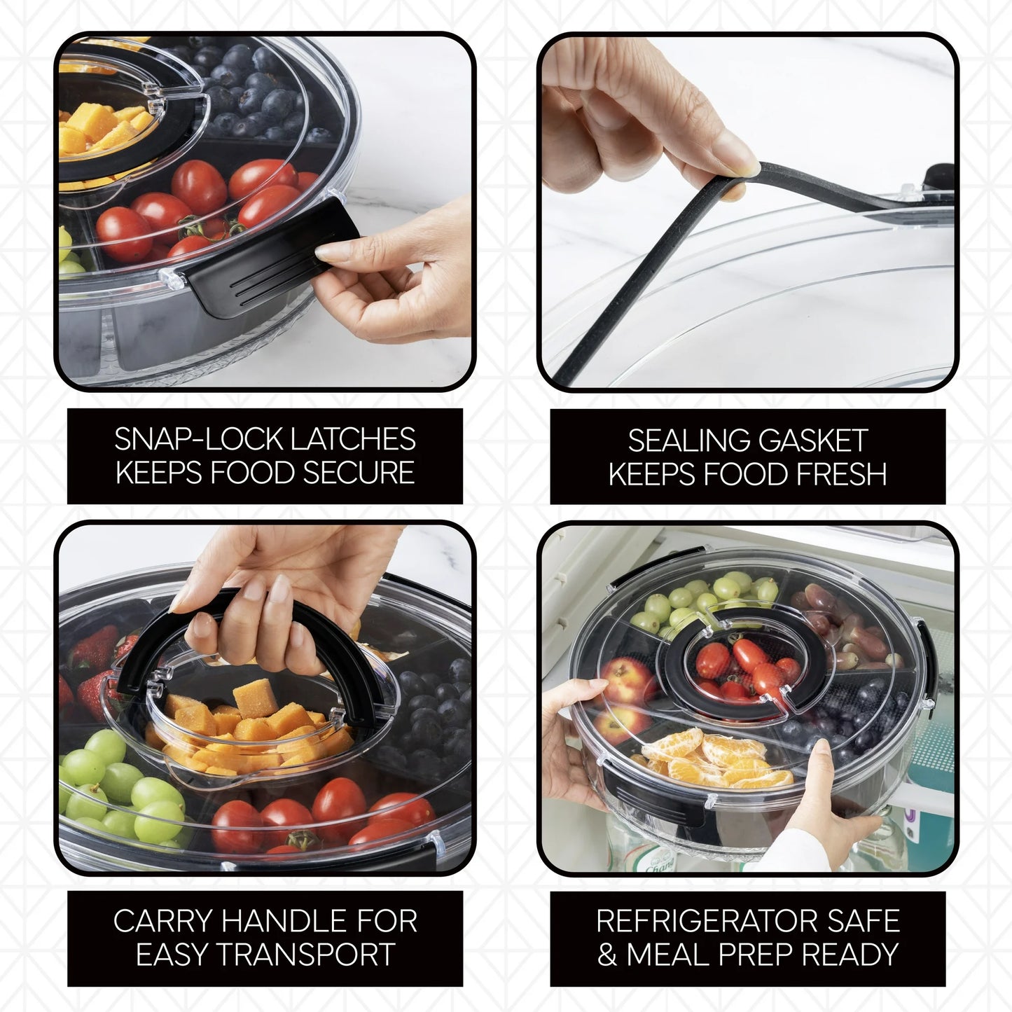 Cook With Color Round Snackle Box – 6-Compartment Serving Tray with Lid and Handle, Black – Kids Lunch Box & Meal Prep Snack Container