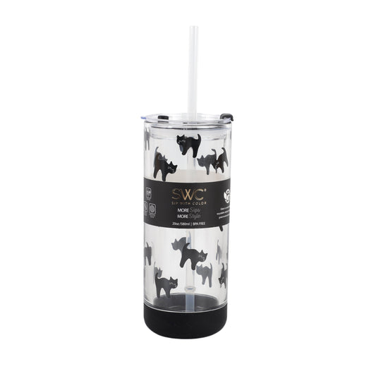 Cook With Color 20 oz Halloween Glass Water Bottle with Lid & Straw Ð Cat Design, Non-Slip Silicone Base
