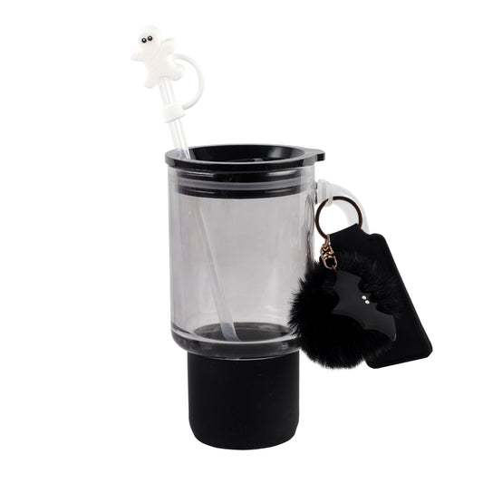 Cook With Color 24 oz Halloween Glass Water Bottle with Lid & Straw Ð Black Bat Design, Non-Slip Silicone Base