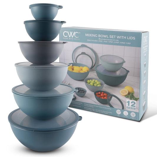Cook with Color 12-Piece Mixing Bowl Set with Non-Slip Silicone Base and Transparent Lids, Blue