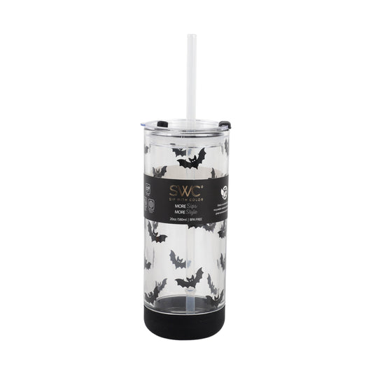 Cook With Color 20 oz Halloween Glass Water Bottle with Lid & Straw Ð Bat Design, Non-Slip Silicone Base