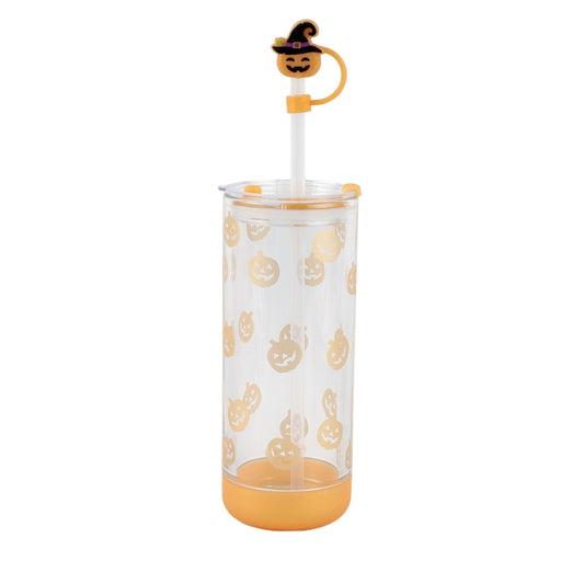 Cook With Color 20 oz Halloween Glass Water Bottle with Lid & Straw Ð Pumpkin Design, Non-Slip Silicone Base