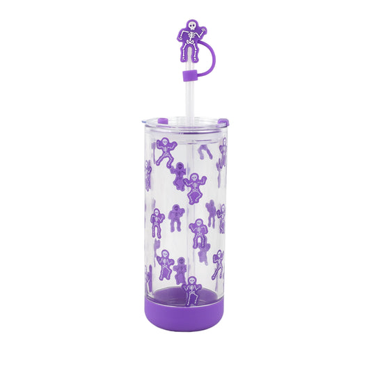 Cook With Color 20 oz Halloween Glass Water Bottle with Lid & Straw Ð Purple Skeleton Design, Non-Slip Silicone Base