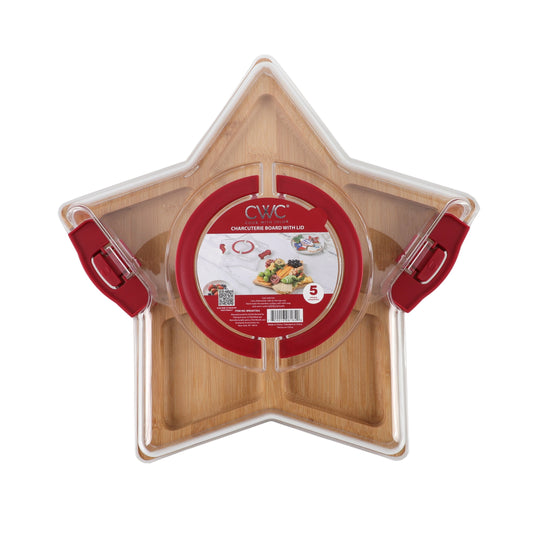 Cook With Color Texas Lone Star Shaped Charcuterie Board with Cover Ð 6 Compartments, Bamboo with Built-In Handle