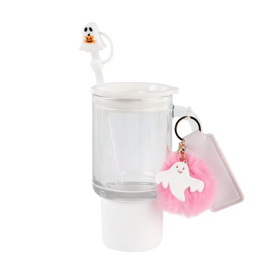 Cook With Color 24 oz Halloween Glass Water Bottle with Lid & Straw Ð White Ghost Design, Non-Slip Silicone Base