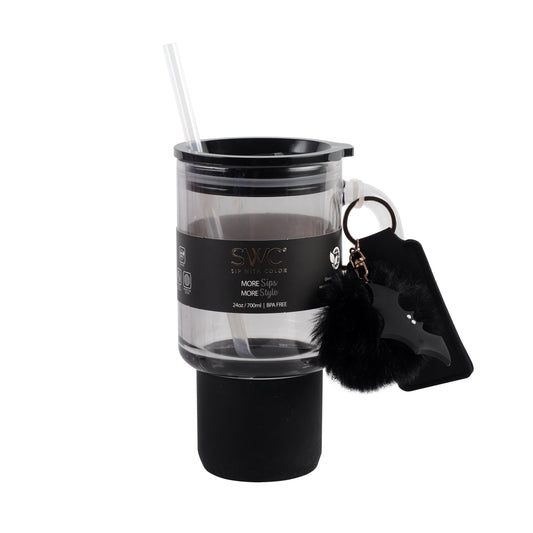 Cook With Color 24 oz Halloween Glass Water Bottle with Lid & Straw Ð Black Bat Design, Non-Slip Silicone Base