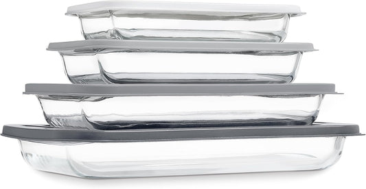 COOK WITH COLOR 8-Piece Deep Glass Baking Dish Set with Plastic Lids – Casserole and Food Storage Containers for Lasagna, Leftovers – Freezer-to-Oven, Microwave & Dishwasher Safe