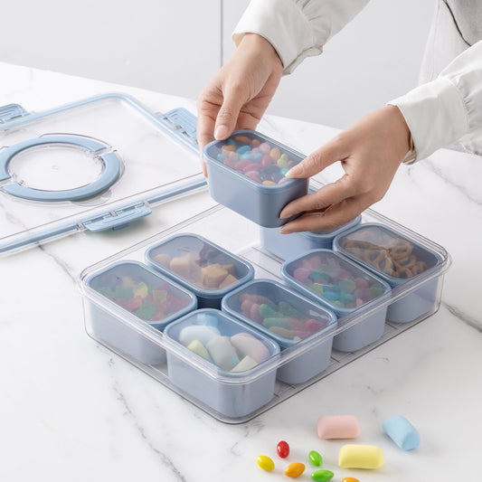 Cook With Color 8-Compartment Snackle Box, Charcuterie Container, Divided Serving Tray with Lid and Handle, Blue