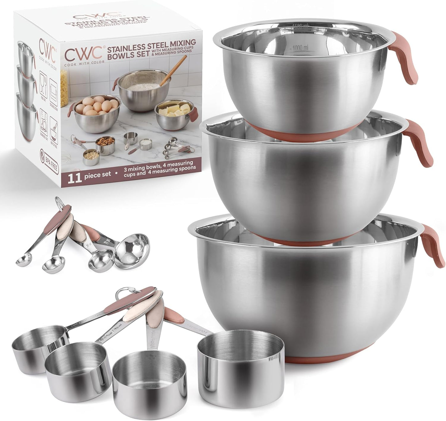 COOK WITH COLOR Stainless Steel Mixing Bowls Set and Measuring Cups- Nesting Bowls with Non-Slip Bottom and Easy-Grip Handles, Rose, 11 Pieces