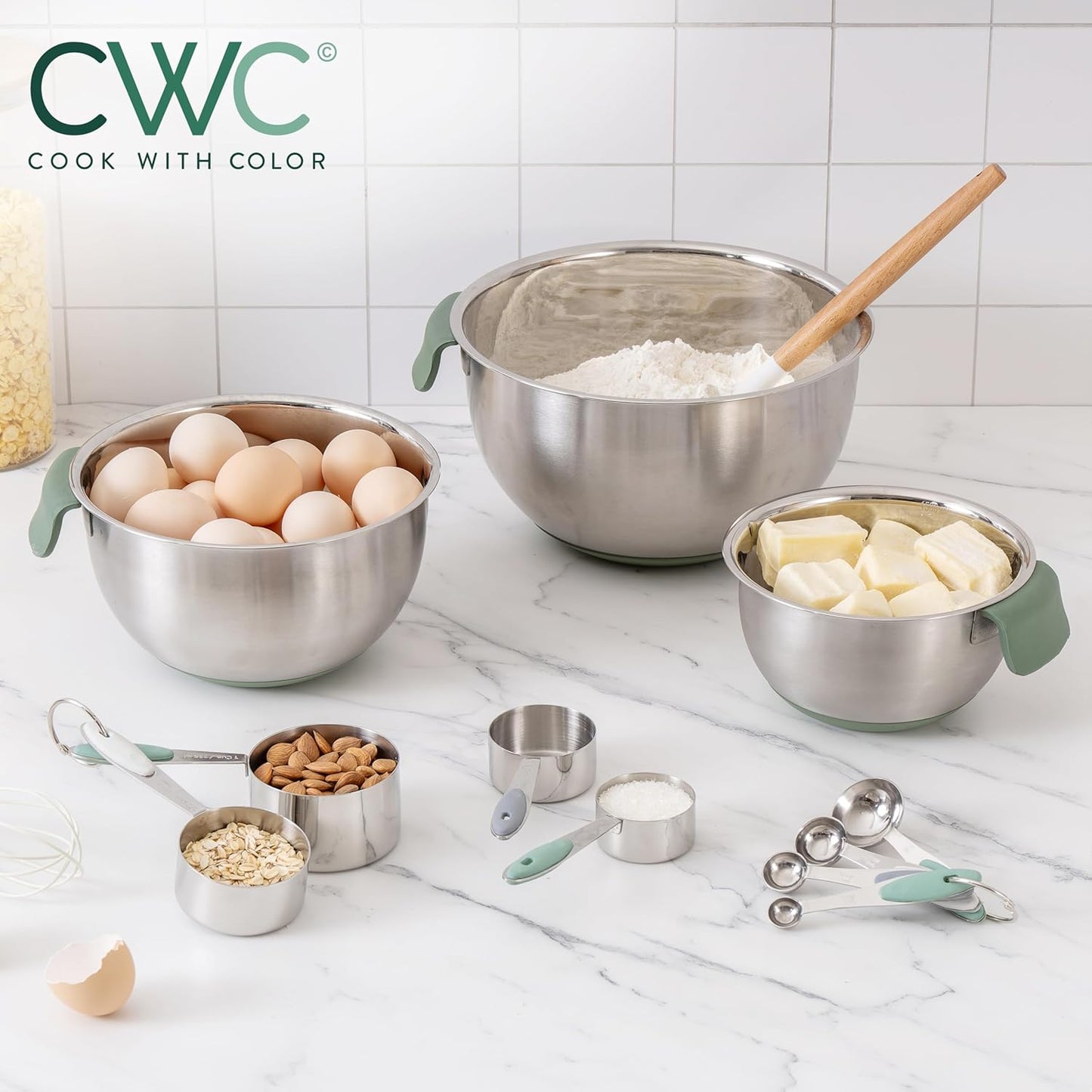 COOK WITH COLOR Stainless Steel Mixing Bowls Set and Measuring Cups- Nesting Bowls with Non-Slip Bottom and Easy-Grip Handles, Rose, 11 Pieces