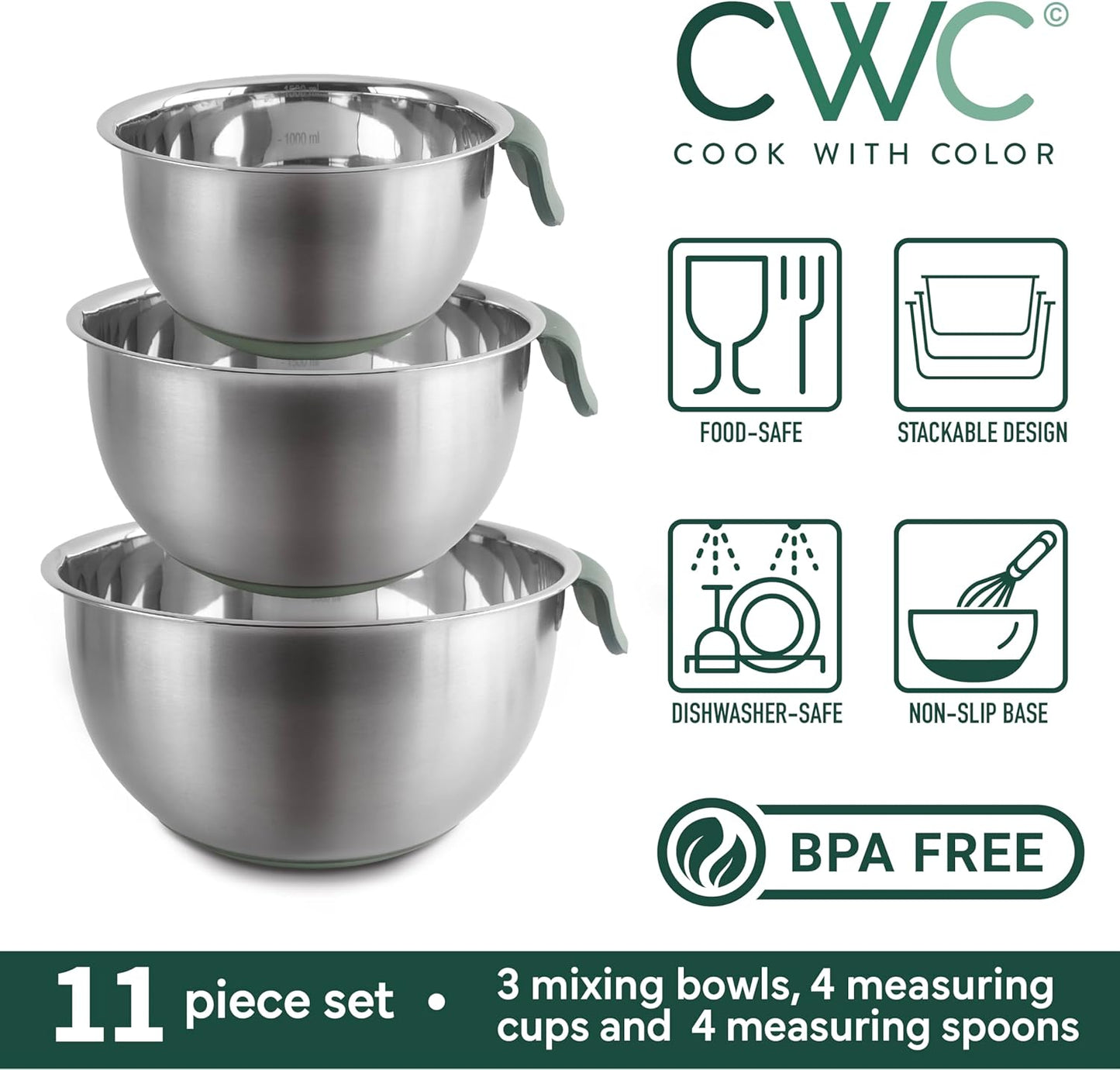 COOK WITH COLOR Stainless Steel Mixing Bowls Set and Measuring Cups- Nesting Bowls with Non-Slip Bottom and Easy-Grip Handles, Rose, 11 Pieces