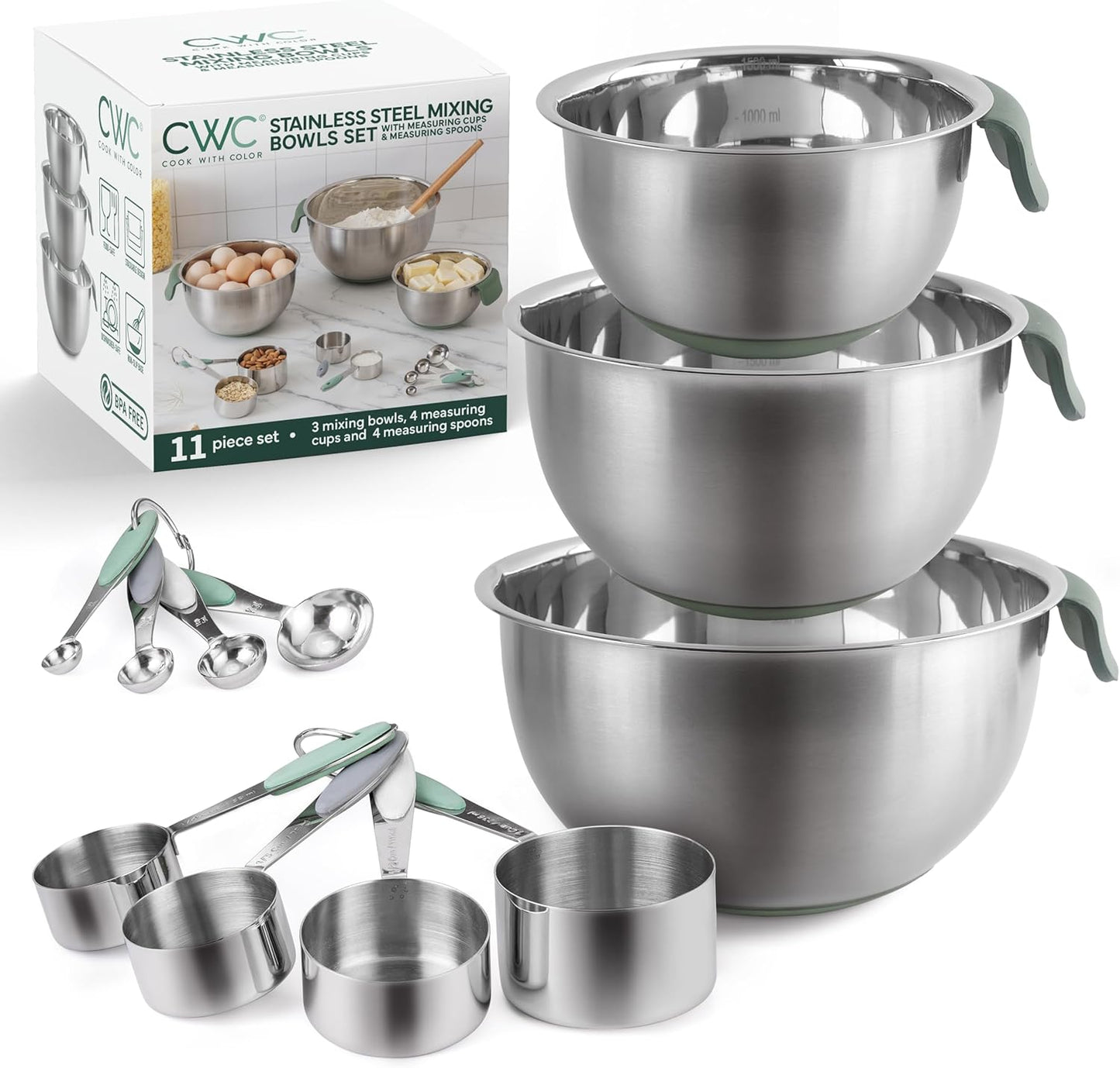 COOK WITH COLOR Stainless Steel Mixing Bowls Set and Measuring Cups- Nesting Bowls with Non-Slip Bottom and Easy-Grip Handles, Rose, 11 Pieces