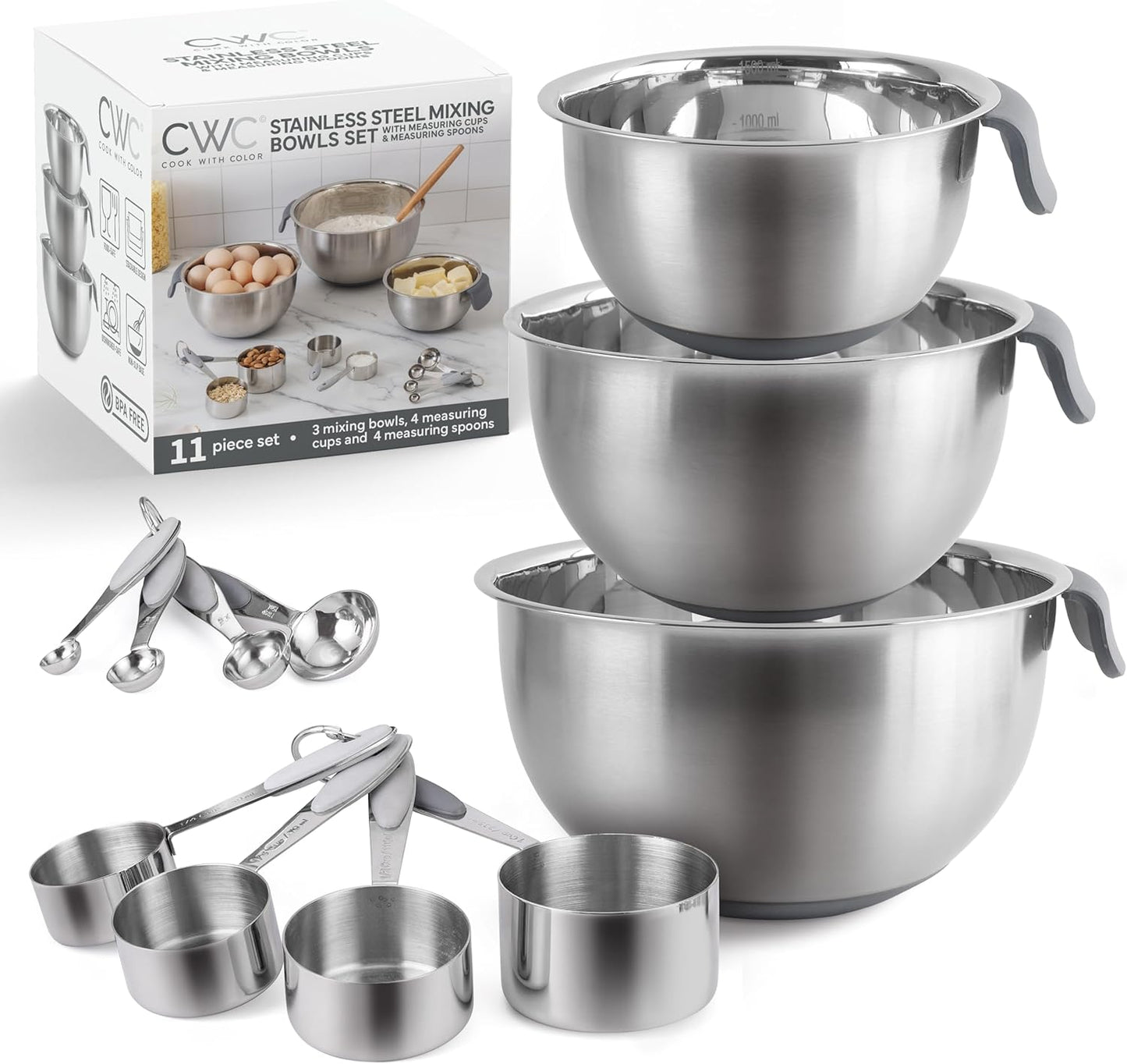 COOK WITH COLOR Stainless Steel Mixing Bowls Set and Measuring Cups- Nesting Bowls with Non-Slip Bottom and Easy-Grip Handles, Rose, 11 Pieces