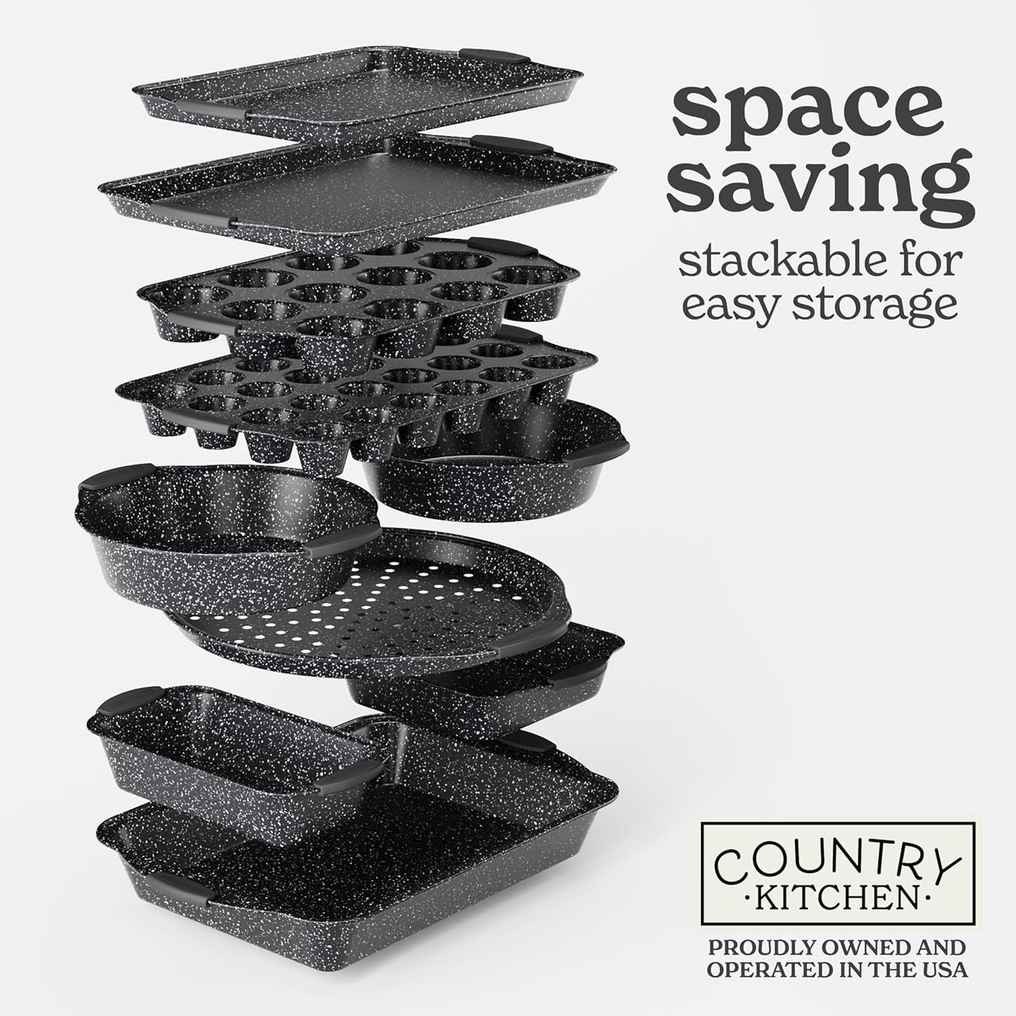 Country Kitchen 10-Piece Nonstick Bakeware Set - Stackable Pots and Pans for Cookware, Black