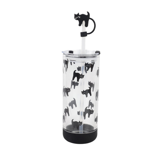 Cook With Color 20 oz Halloween Glass Water Bottle with Lid & Straw Ð Cat Design, Non-Slip Silicone Base
