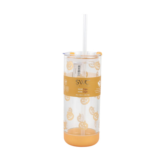 Cook With Color 20 oz Halloween Glass Water Bottle with Lid & Straw Ð Pumpkin Design, Non-Slip Silicone Base