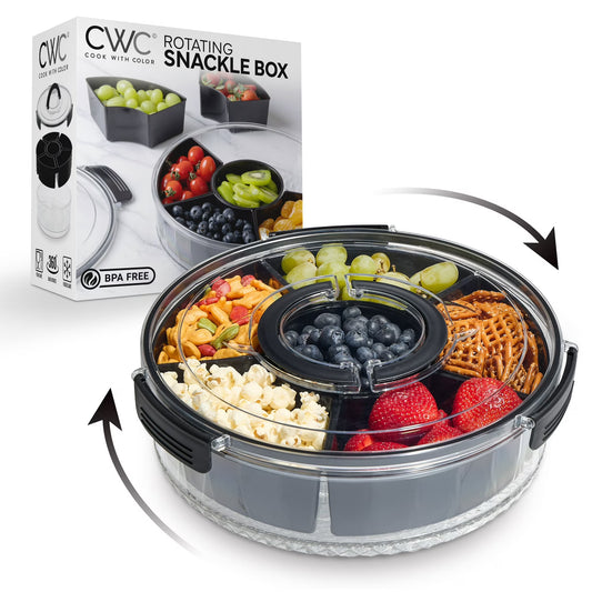 Cook With Color Round Snackle Box – 6-Compartment Serving Tray with Lid and Handle, Black – Kids Lunch Box & Meal Prep Snack Container