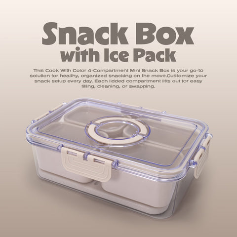 Cook with Color 4-Compartment Snack Box Food Storage Carrier and Container, Charcuterie Container, with Removable Ice Pack, Portable and Dishwasher Safe, Taupe, Designed to Help with Daily Commutes