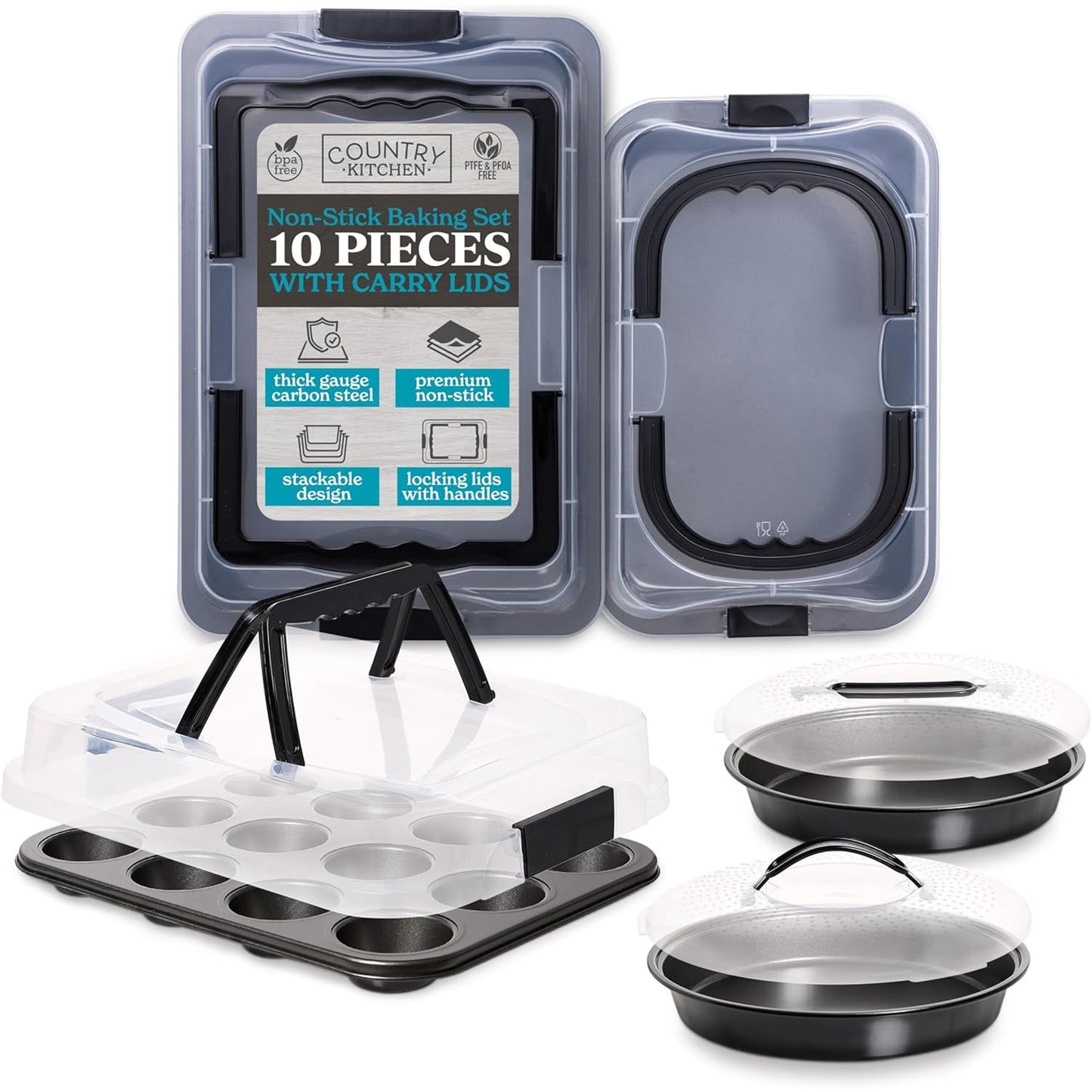 Country Kitchen Baking Pans Set - 10 Piece Non-Stick Cake Pans with Carry Lids for Easy Storage & Travel, Perfect for Parties - Stackable