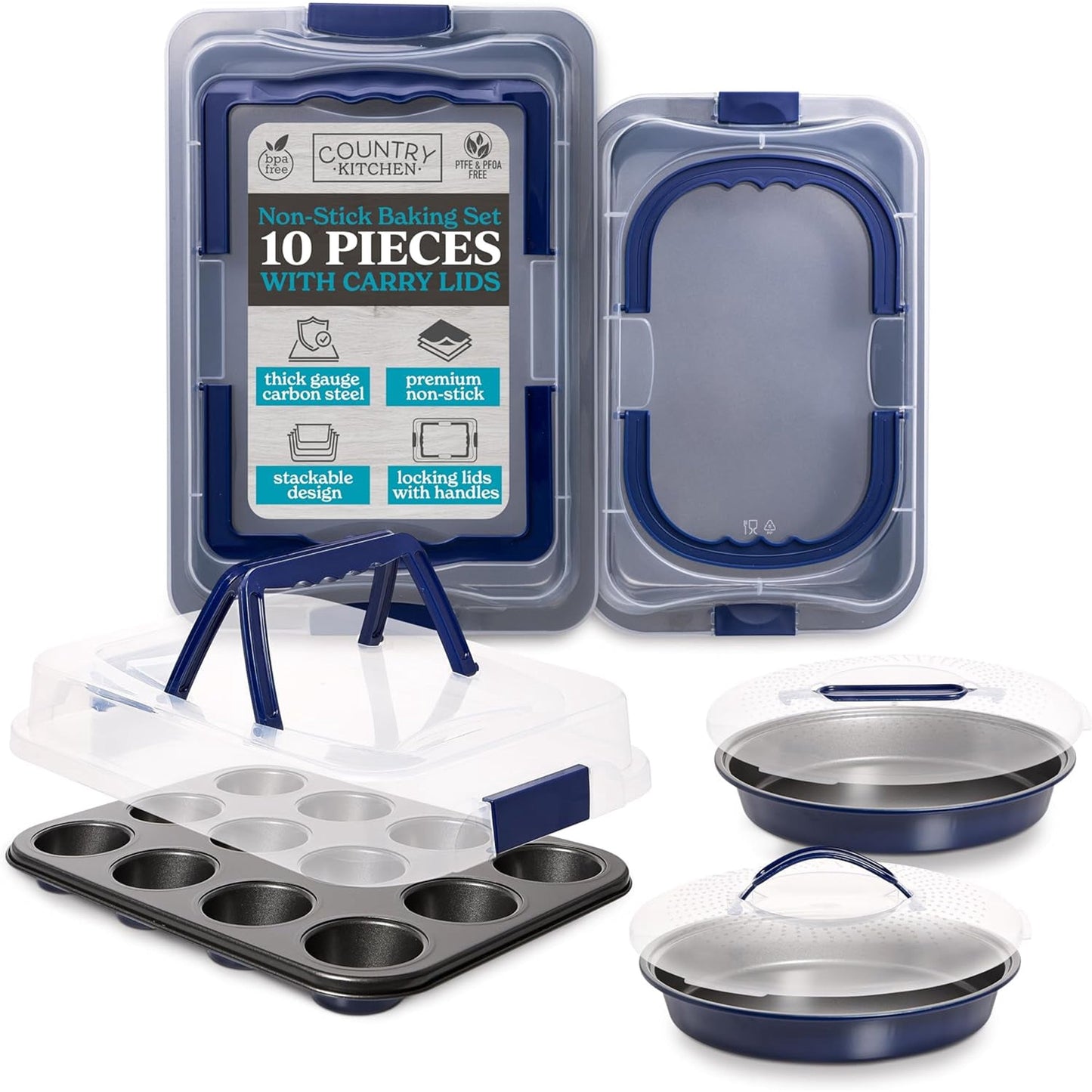Country Kitchen Baking Pans Set - 10 Piece Non-Stick Cake Pans with Carry Lids for Easy Storage & Travel, Perfect for Parties - Stackable