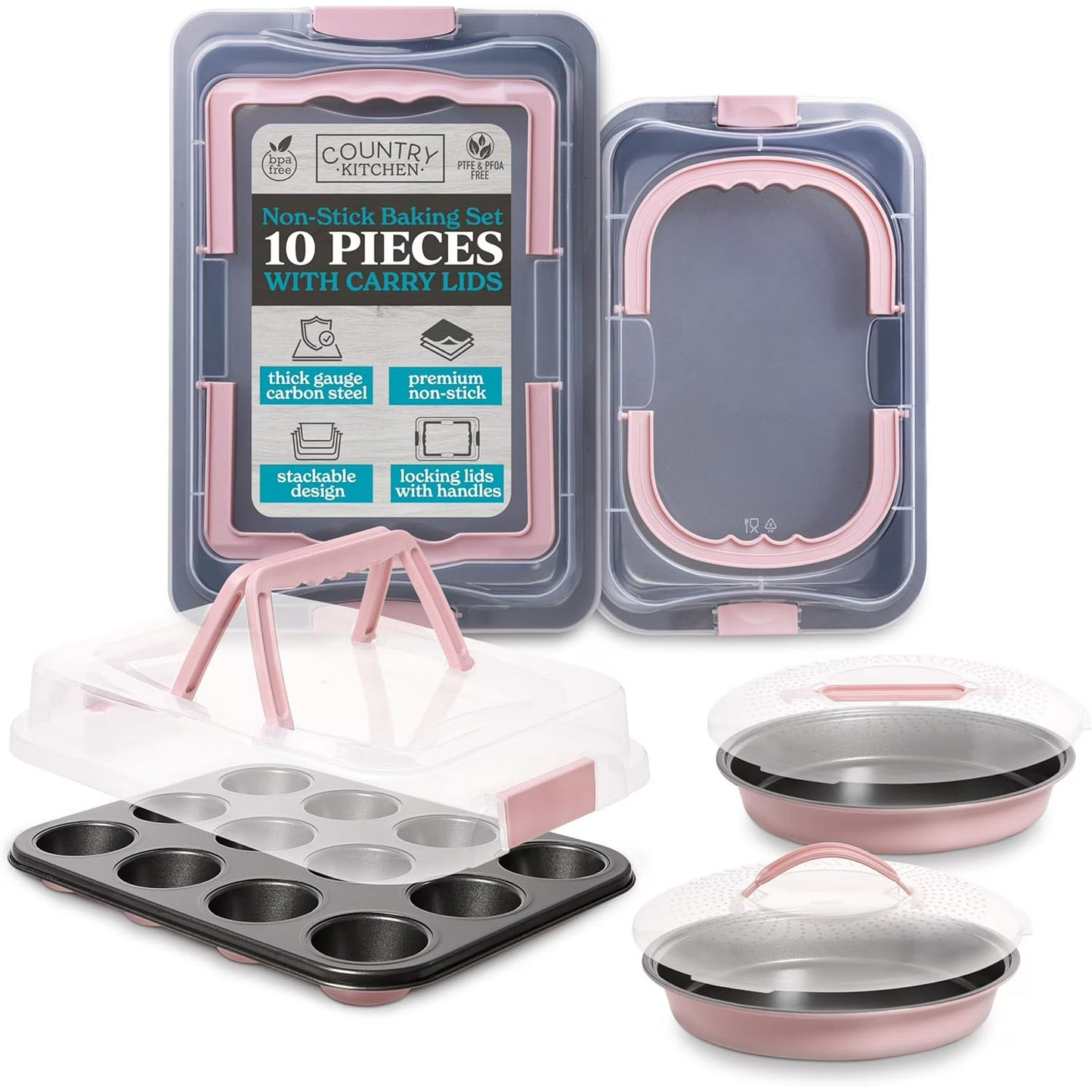 Country Kitchen Baking Pans Set - 10 Piece Non-Stick Cake Pans with Carry Lids for Easy Storage & Travel, Perfect for Parties - Stackable