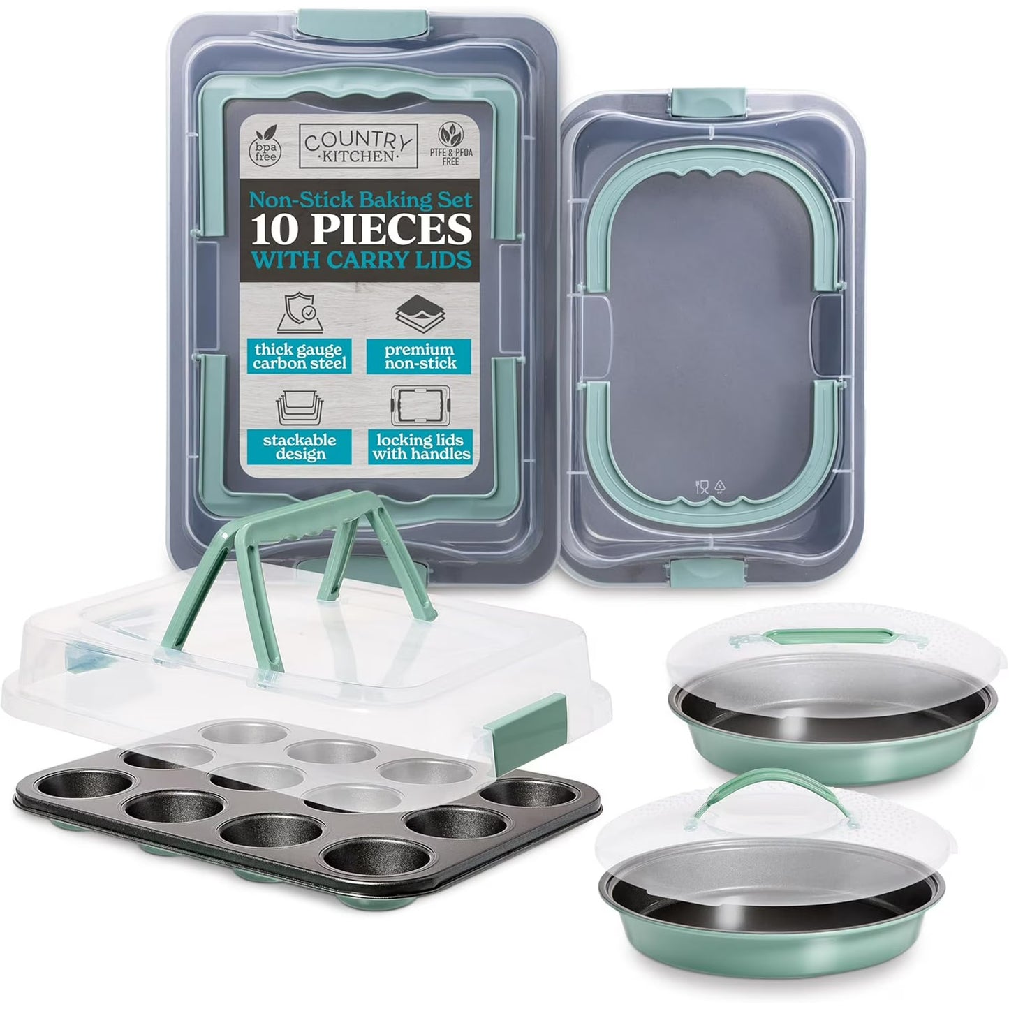 Country Kitchen Baking Pans Set - 10 Piece Non-Stick Cake Pans with Carry Lids for Easy Storage & Travel, Perfect for Parties - Stackable