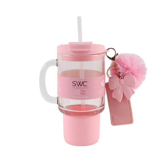 SWC 24OZ GLASS WATER CUP PINK BOW