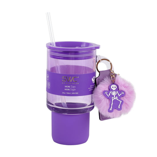 Cook With Color 24 oz Halloween Glass Water Bottle with Lid & Straw Ð Purple Skeleton Design, Non-Slip Silicone Base