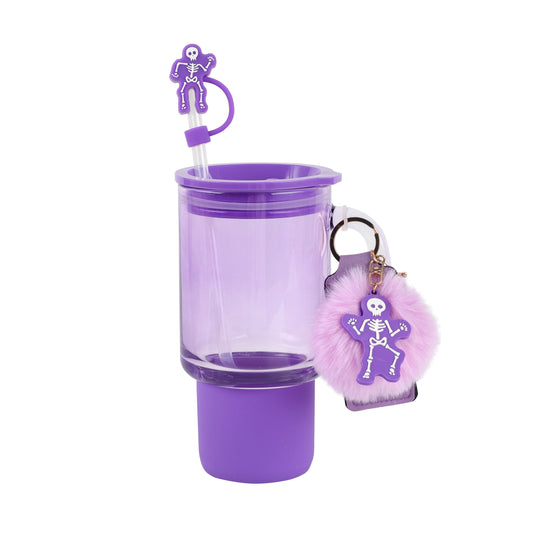 Cook With Color 24 oz Halloween Glass Water Bottle with Lid & Straw Ð Purple Skeleton Design, Non-Slip Silicone Base