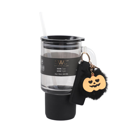 Cook With Color 24 oz Halloween Glass Water Bottle with Lid & Straw Ð Black Pumpkin Design, Non-Slip Silicone Base