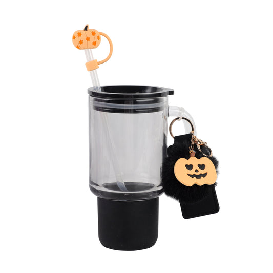 Cook With Color 24 oz Halloween Glass Water Bottle with Lid & Straw Ð Black Pumpkin Design, Non-Slip Silicone Base