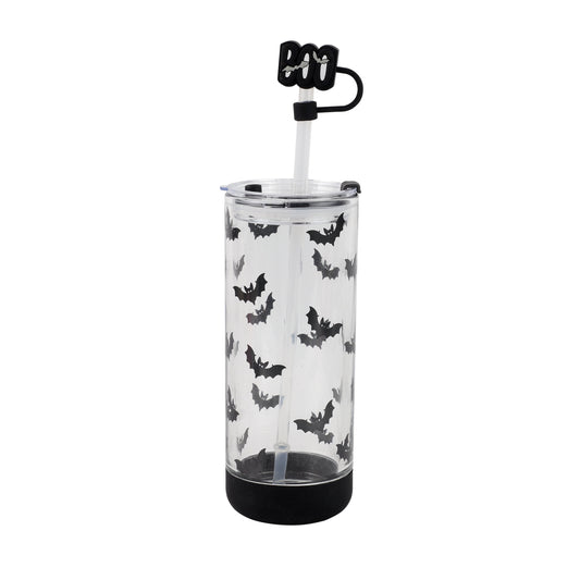 Cook With Color 20 oz Halloween Glass Water Bottle with Lid & Straw Ð Bat Design, Non-Slip Silicone Base
