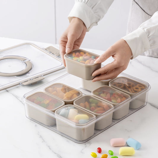 Cook With Color 8-Compartment Snackle Box, Charcuterie Container, Divided Serving Tray with Lid and Handle, Taupe